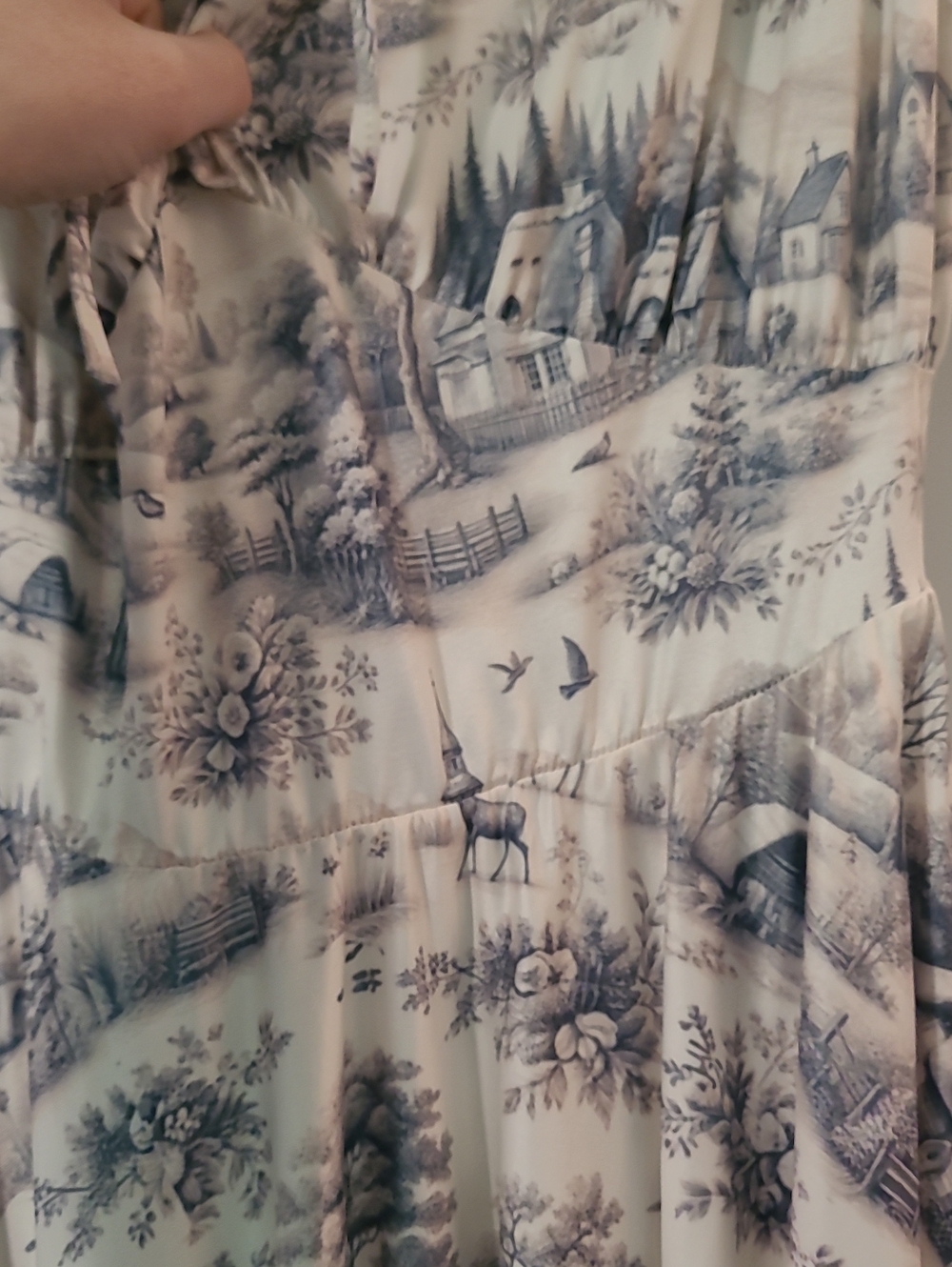 Asymmetrical Handkerchief-Hem Dress in Cream with Blue Print - Picture 2 of 3